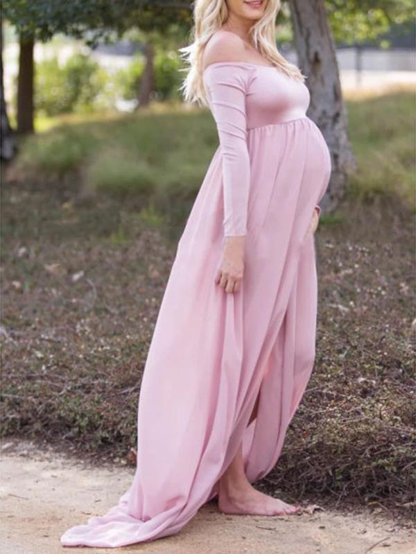 Seindeal Chiffon Draped Off-shoulder Long Sleeve Elegant Maternity Maxi Dress