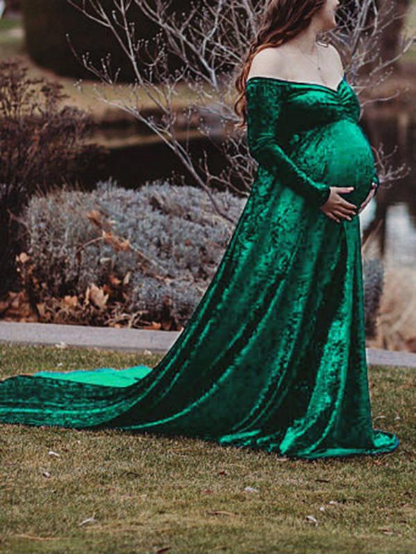 Off Shoulder Velvet  Long Sleeve Baby Shower Maternity Maxi Dress