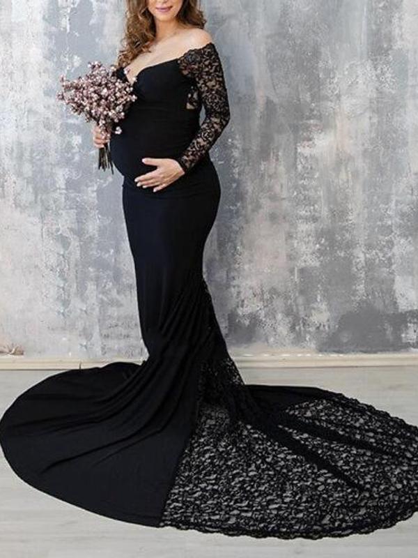 Seindeal Patchwork Lace Off Shoulder Mermaid Party Plus Size Maternity Dress