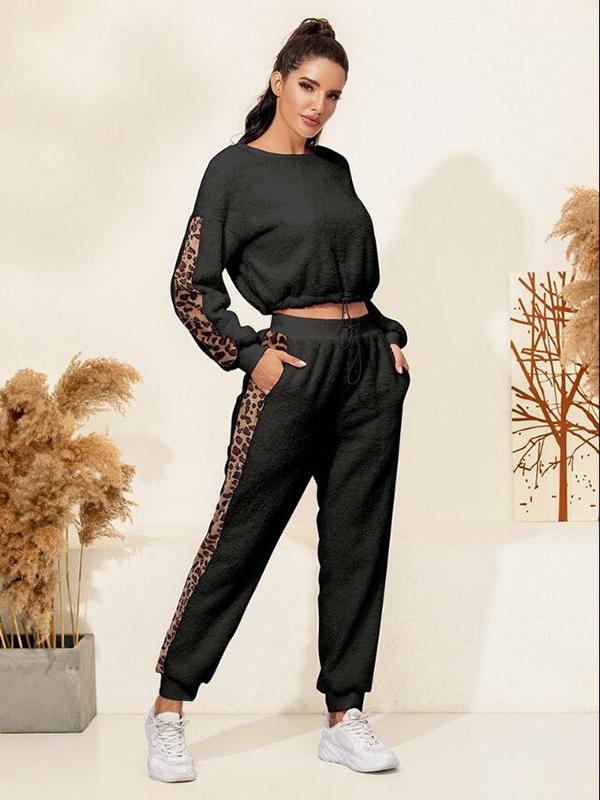 Seindeal Sports Sets Sweatshirt Leopard High Waist Pants Pajama Women