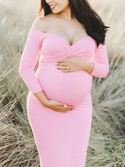 Off Shoulder Fitted V-neck Long Sleeve Baby Shower Maternity Maxi Dress