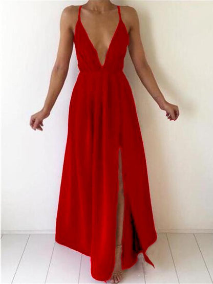 Side Slit Backless Deep V-Neck Spaghetti Straps Women Maxi Dresses Party Dress Ball Gown