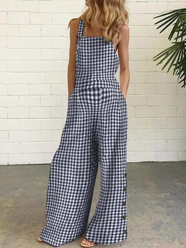 Plaid Buttons Pockets Shoulder-Strap Sleeveless Sweet Maternity Jumpsuit