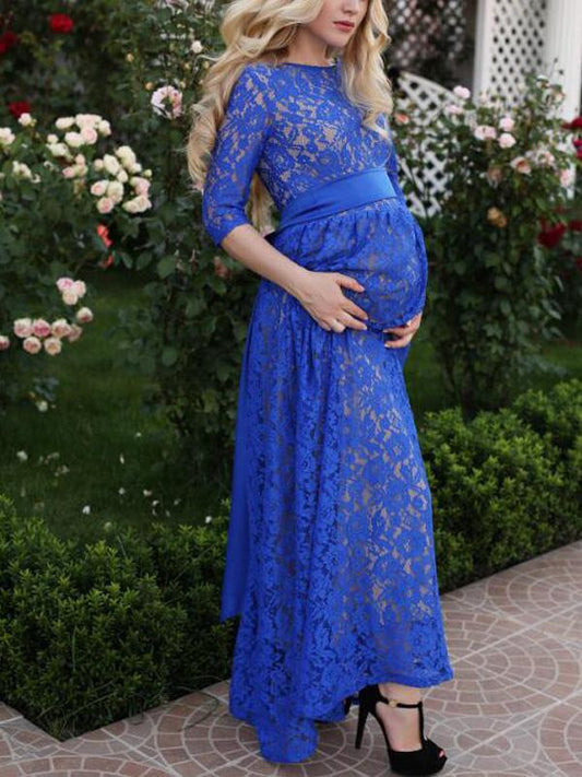 Seindeal Blue Floral Lace Irregular Photoshoot Maxi Maternity Dress Baby Shower Boy