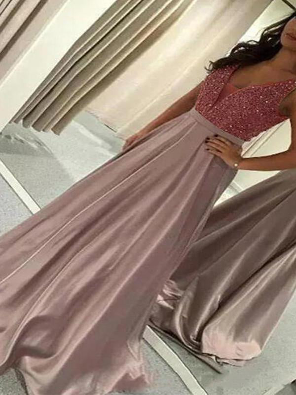 Patchwork Sequins Deep V-Neck Sleeveless A-Line Maxi Dress Women Fashion Elegant Dress