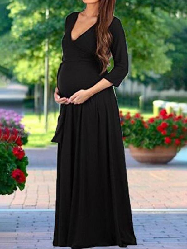 Seindeal Sashes V-neck Maxi Dress Maternity Baby Shower Fall Outfit for Banquet Elegant Party