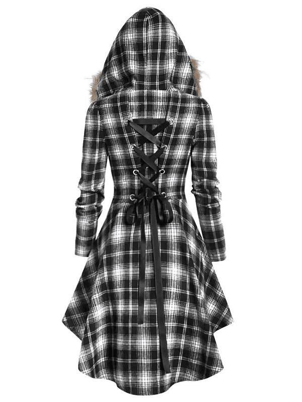 Plaid Fur Hoodie Buttons Long Sleeve Maternity Coat