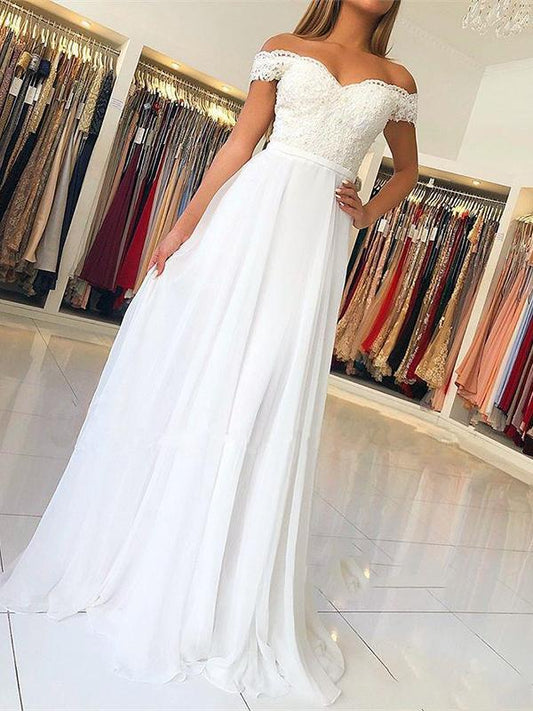 White Lace Off Shoulder Backless Short Sleeves Elegant Maxi Dress Evening Dress Ball Gown