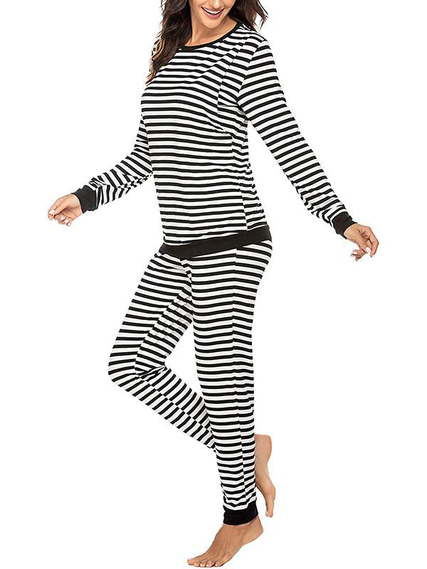 Striped Round Neck Long Sleeve Nursing Maternity Long Pajama Set