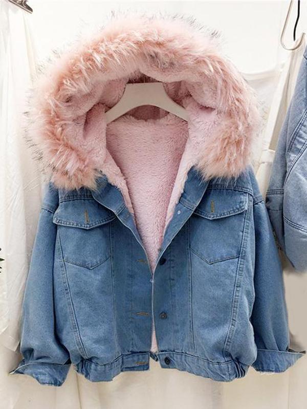 Seindeal Solid Pockets Fur Collar Long Sleeve Jacket Maternity Denim Coat