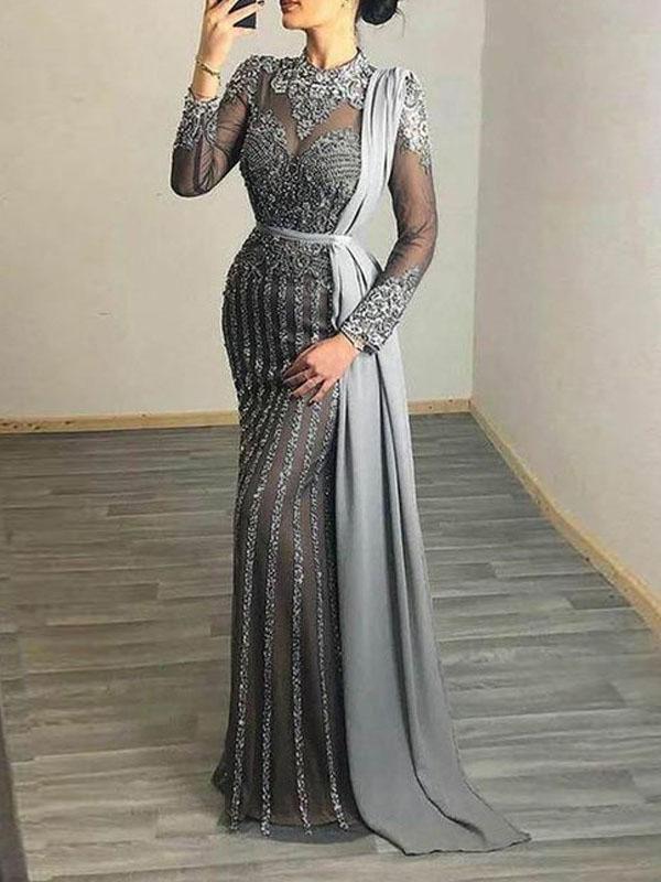 Patchwork Lace Transparent Round Neck Long Sleeve Maxi Dress Women Fashion Evening Dress