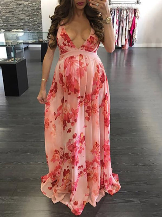 Flowers Backless Evening Party V-neck Sweet Maternity Maxi Dress