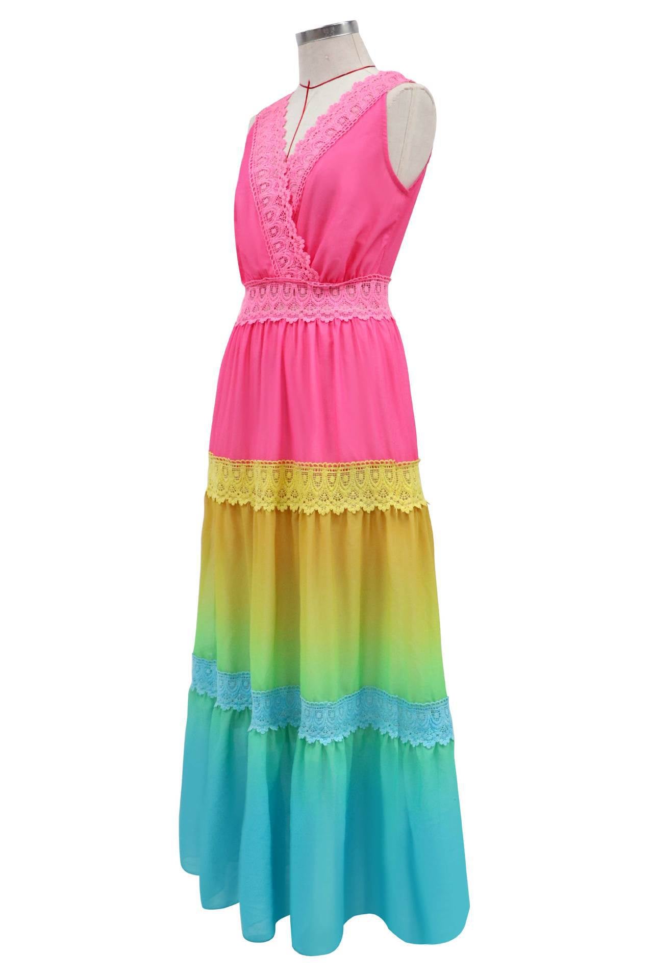 Seindeal Rainbow Tie Dye Ruffle Gradient Color Bohemain Maternity Dress