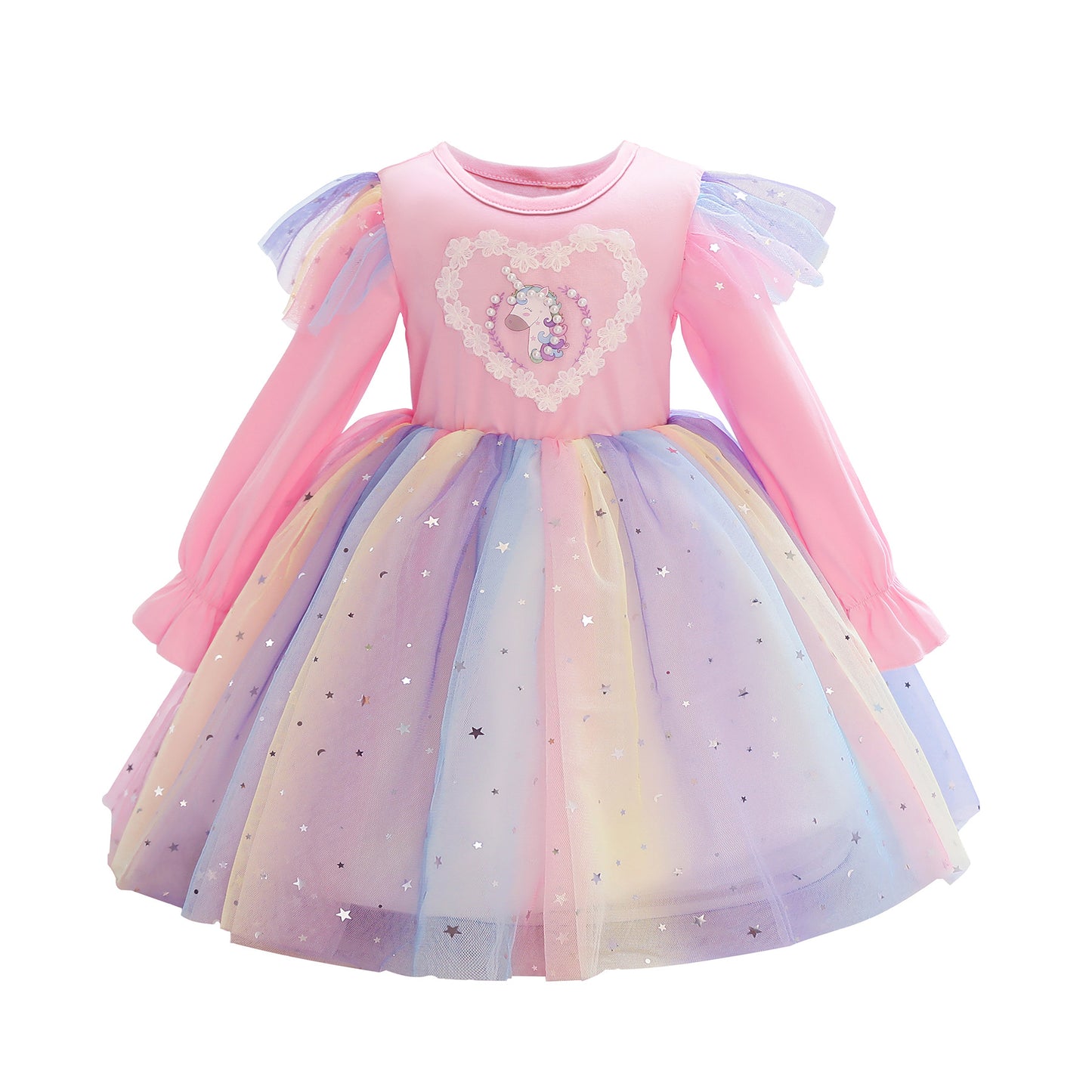 Seindeal Unicorn Kids Dress Rainbow Tulle Princess Long Sleeve Pear Beaded for Birthday Party Casual Outfits Clothing 2-10 Years