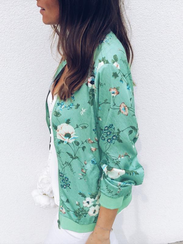 Floral Zipper Round Neck Long Sleeve Women Jackets Bomber Jacket