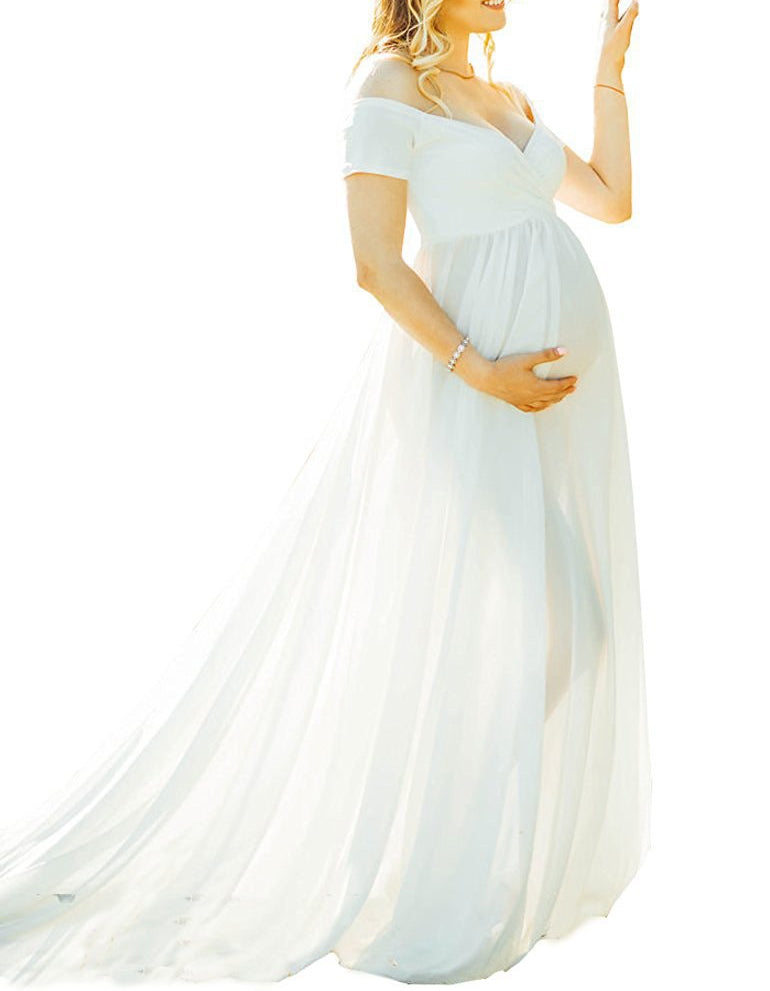 Seindeal Off Shoulder Chiffon Maternity Dress for Baby Shower PhotoShoot Flowy Maxi