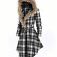 Plaid Fur Hoodie Buttons Long Sleeve Maternity Coat