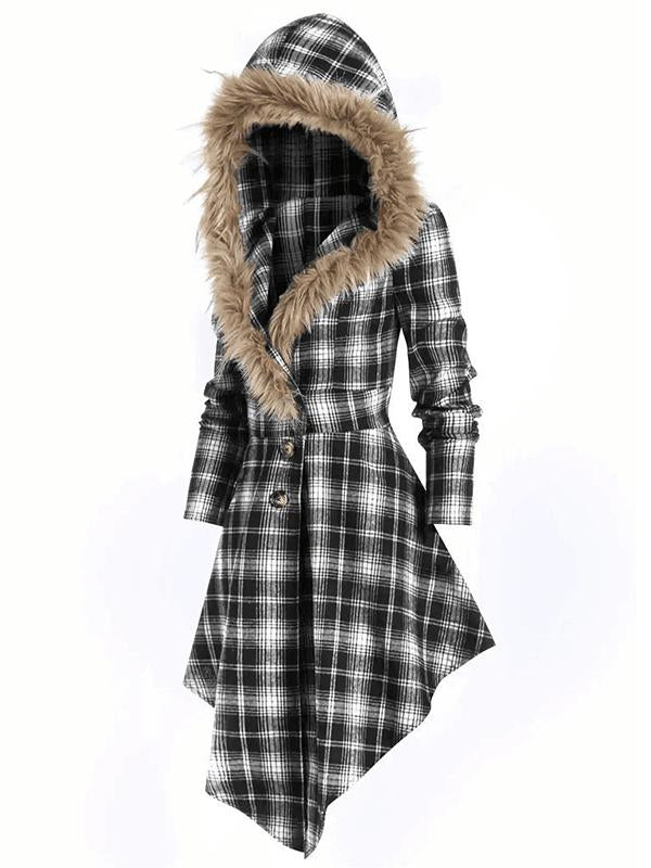 Plaid Fur Hoodie Buttons Long Sleeve Maternity Coat