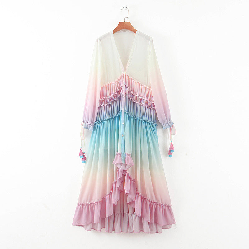 Seindeal Patchwork Colorful Ruffle Irregular Gradient Gender Reveal Dress for Pregnancy Blue and Pink – SeinDeal