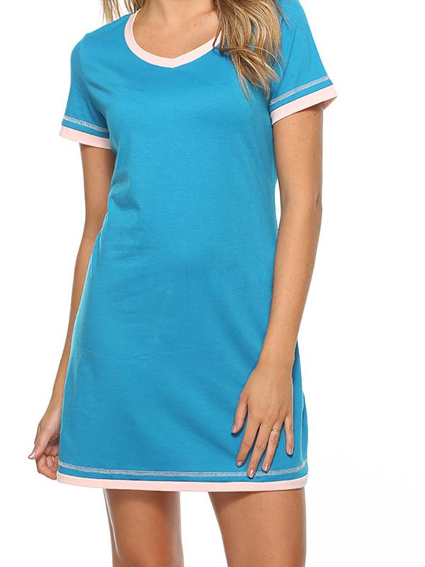 Patchwork Round Neck Short Sleeve Maternity Pajamas Casual Mini Dress