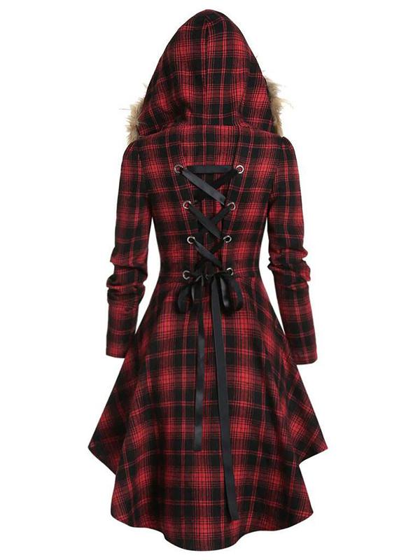 Plaid Fur Hoodie Buttons Long Sleeve Maternity Coat