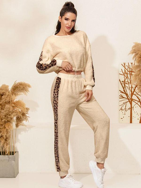 Seindeal Sports Sets Sweatshirt Leopard High Waist Pants Pajama Women