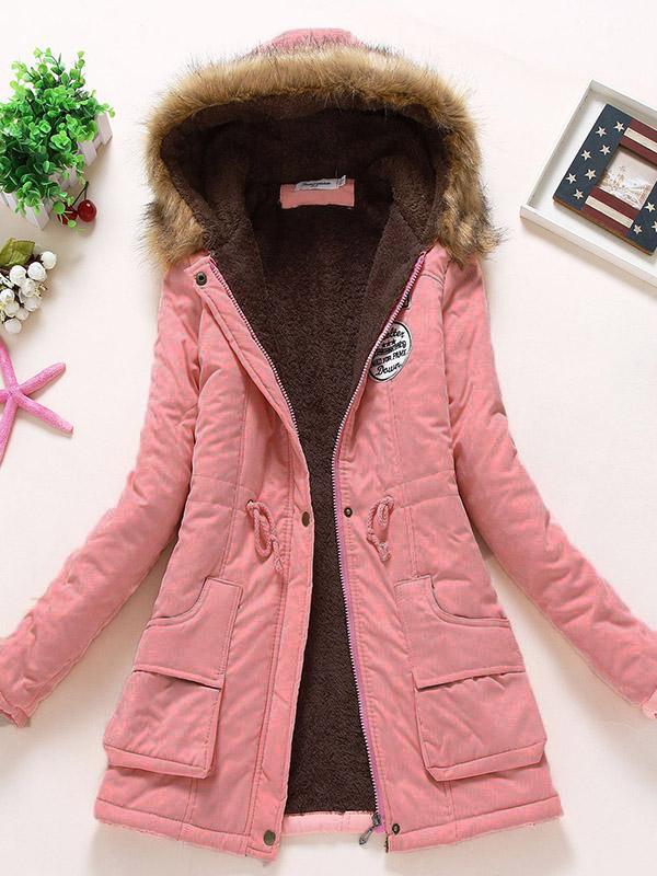 Fur Hooded Badge Pockets Long Sleeve Maternity Fluffy Coat