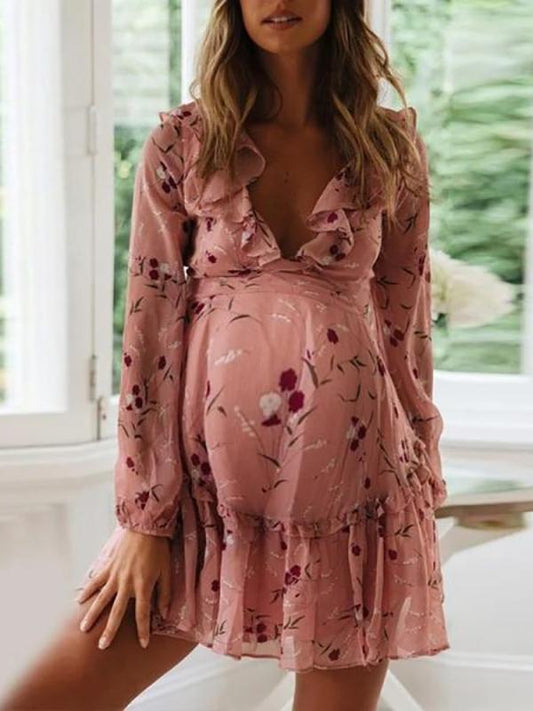 Flowers Tie Back Ruffle V-neck Long Sleeve Honey Girl Maternity Mini Dress