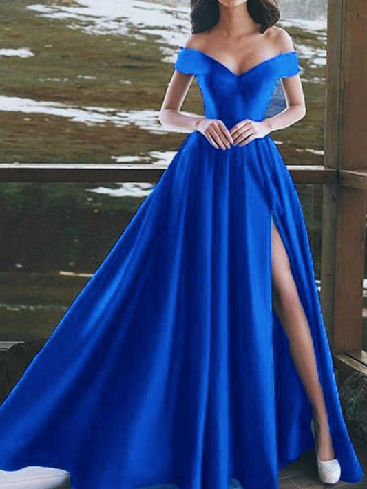 Side Slit Off Shoulder V Neck Short Sleeve Women Maxi Dresses Evening Dress Ball Gown