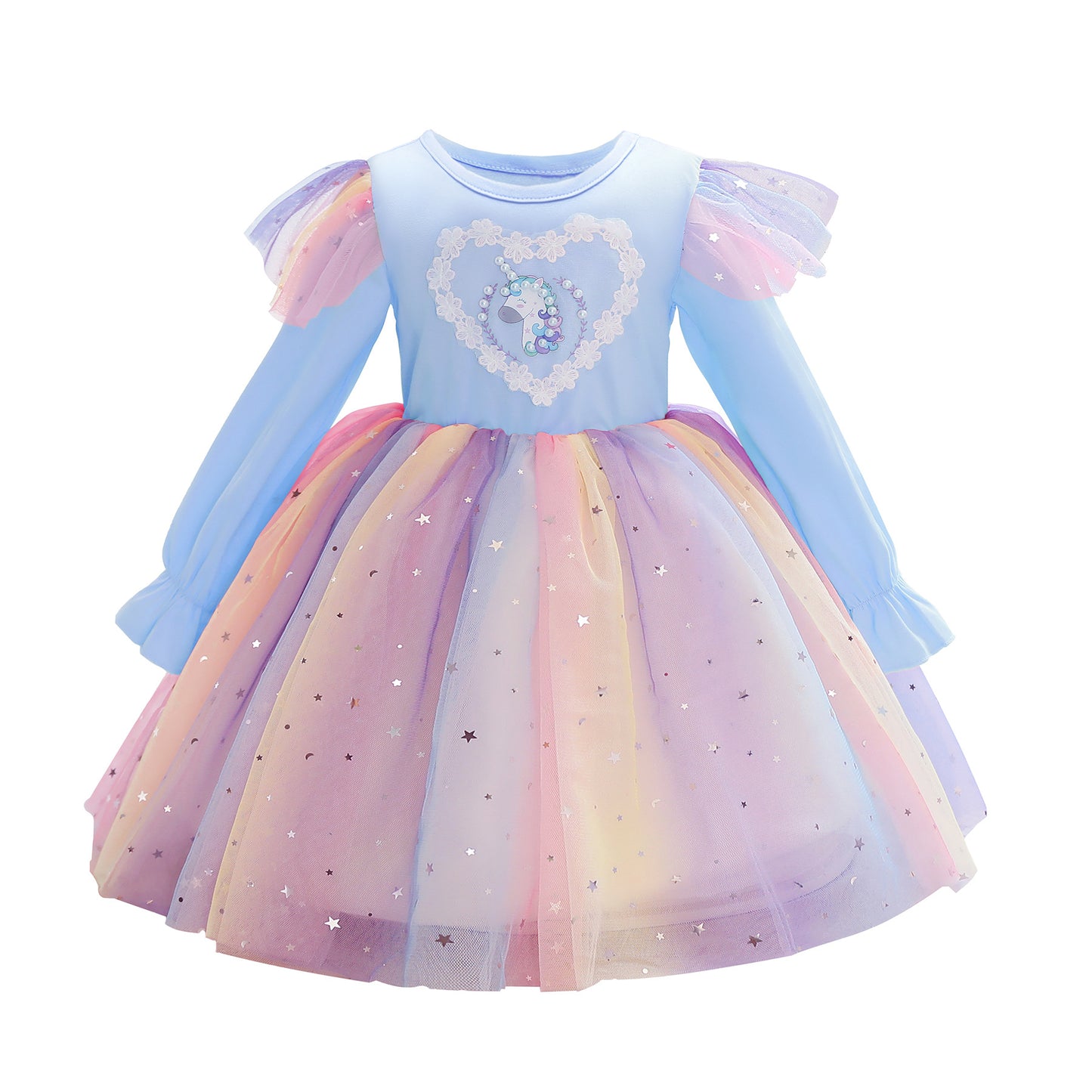 Seindeal Unicorn Kids Dress Rainbow Tulle Princess Long Sleeve Pear Beaded for Birthday Party Casual Outfits Clothing 2-10 Years