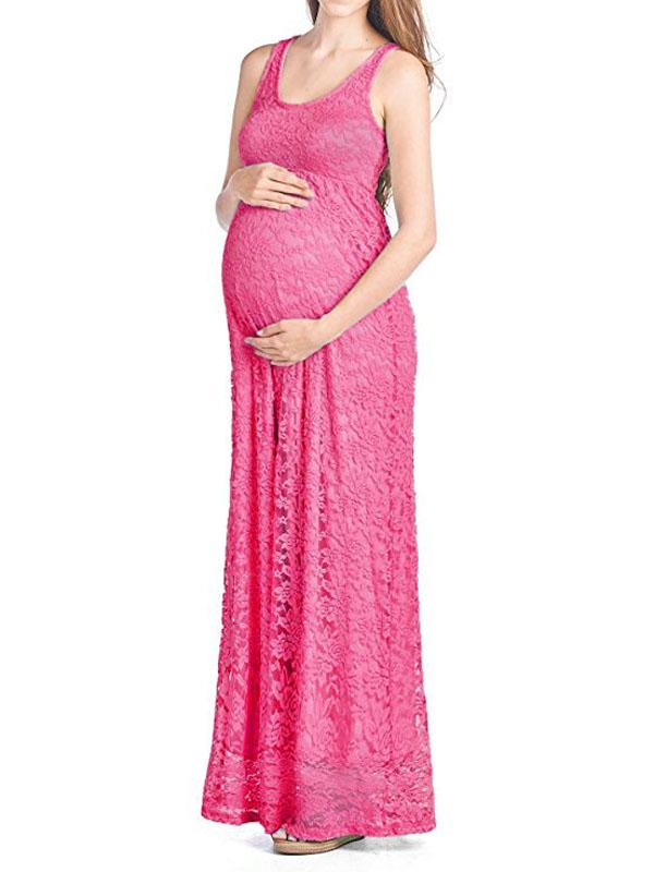 Seindeal White Lace Maternity Dress for Photoshoot Pleated Sleeveless Maxi Bridesmaid Dress