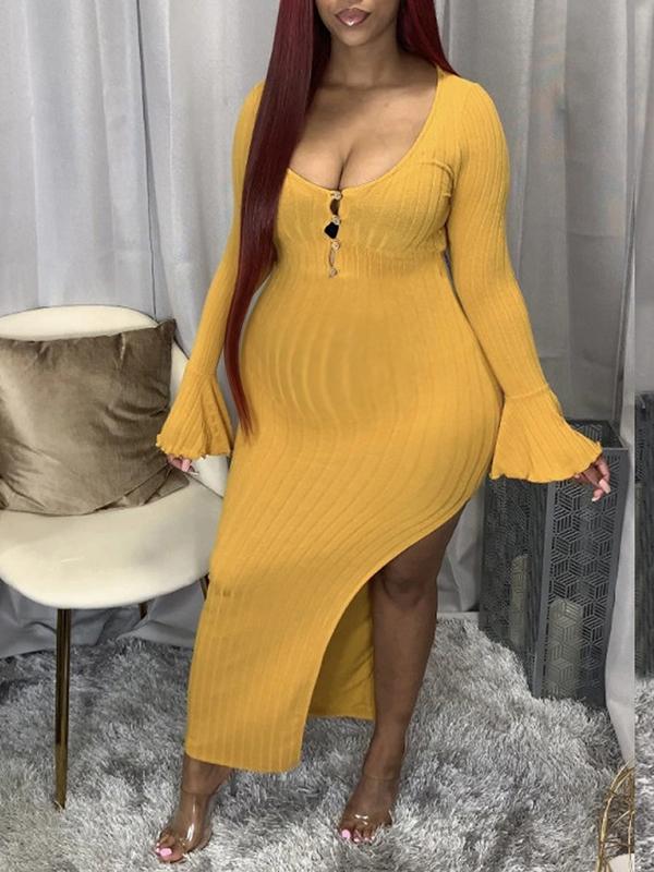 Buttons Bodycon Slit Flare Sleeve Maternity Sweater Fashion Maxi Dress