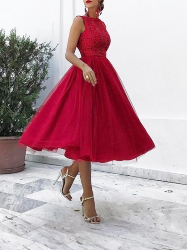 Red Patchwork Lace Mesh Backless Round Neck Sleeveless Women Midi Dresses Elegant Dress Party Dress Evening Dress