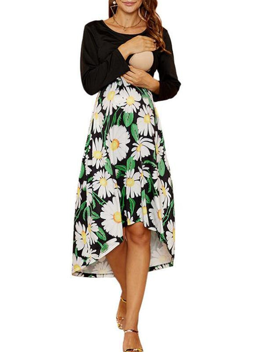 Seindeal Daisy Print Irregular Breast-feeding High-low Nursing Maternity Dress