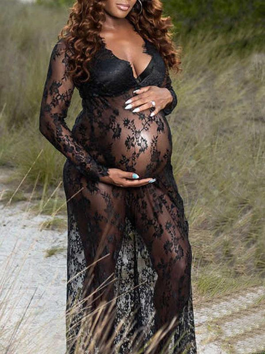 Seindeal Plus Size Sheer Maternity Dress for Photoshoot Floral Lace Deep V-neck Halloween