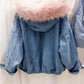 Seindeal Solid Pockets Fur Collar Long Sleeve Jacket Maternity Denim Coat