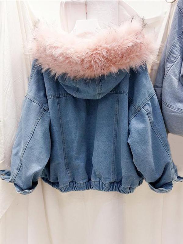 Seindeal Solid Pockets Fur Collar Long Sleeve Jacket Maternity Denim Coat