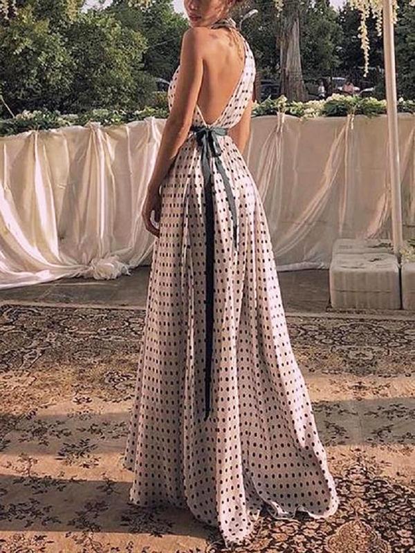 Polka Dot Irregular Belt Backless Sleeveless Maxi Dress Women's Fashion Evening Dress