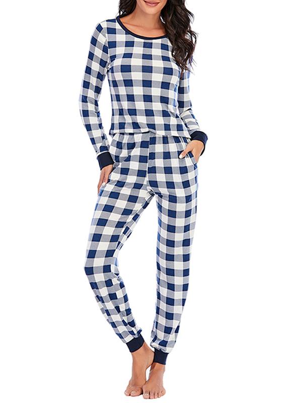 Buffalo Plaid Round Neck Long Sleeve Maternity Long Pajama Set