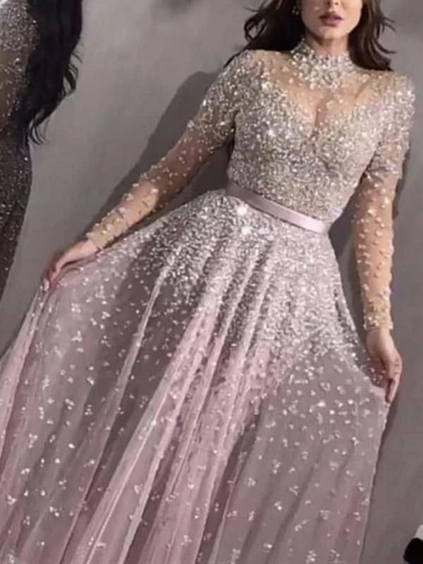 Seindeal Pink Patchwork Sequins Grenadine Ribbon Collar Long Sleeve Tulle Tutu Flowy Prom Maxi Dress