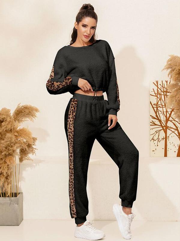 Seindeal Sports Sets Sweatshirt Leopard High Waist Pants Pajama Women