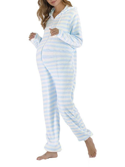 Striped Zipper Hoodie Fur Ball Long Sleeve Pajamas Maternity Jumpsuit