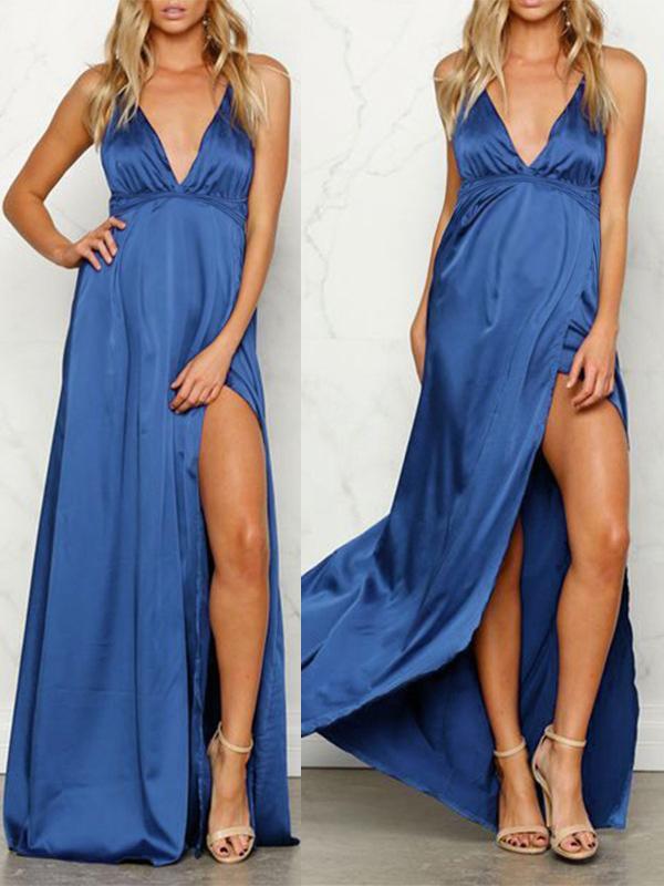 Solid Backless Tie Back Slit Flowy Plunging Neckline Sleeveless Maternity Maxi Dress