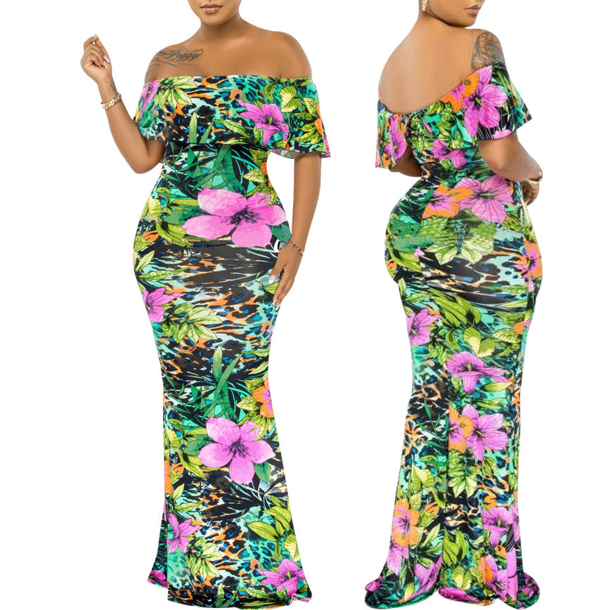 Seindeal Maternity Bodycon Dress Sunflower Rose Printed Off Shoulder Ruffle Mermaid Maxi Dresses