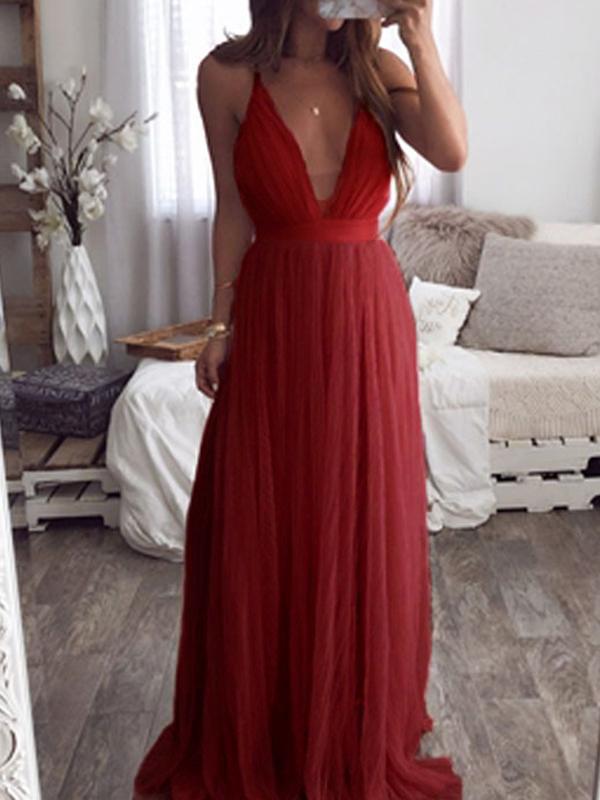 Backless Deep V-Neck Spaghetti Straps Women Maxi Dresses Tulle Dress Evening Dress Ball Gown