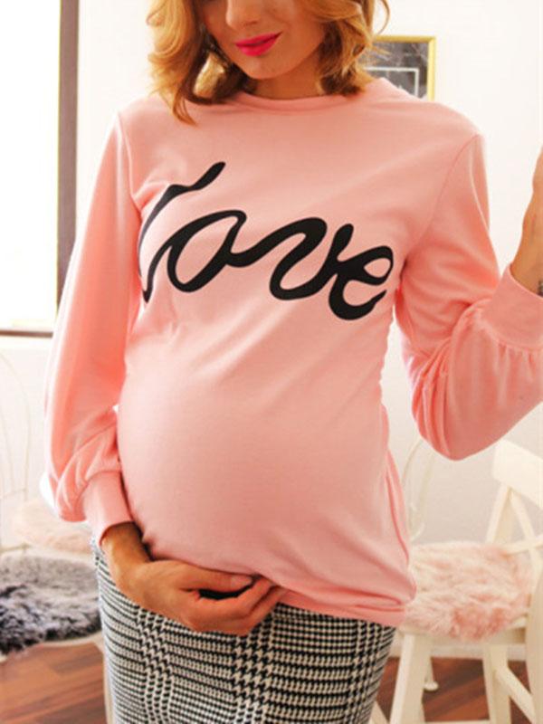 Seindeal Pink ‘LOVE’ Print  Long Sleeve Maternity T-Shirts