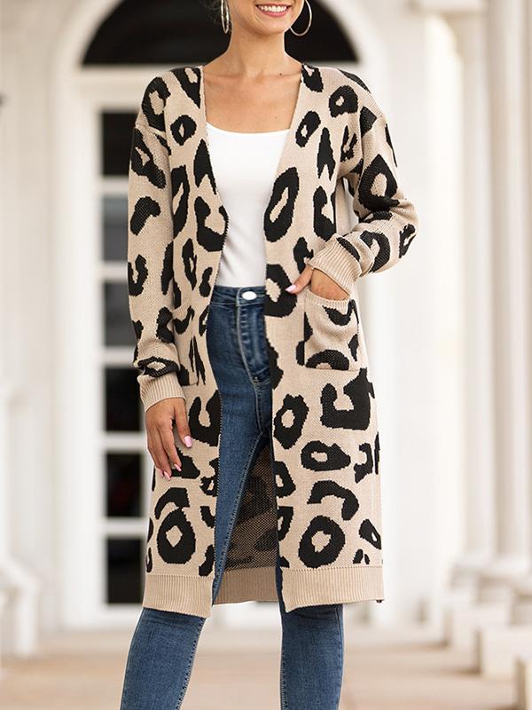 Leopard Pockets Long Sleeve Oversized Sweater Cardigan Coat