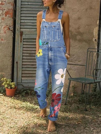 Seindeal Flowers button pockets with straps jeans jumpsuit denim dungarees women long jumpsuit