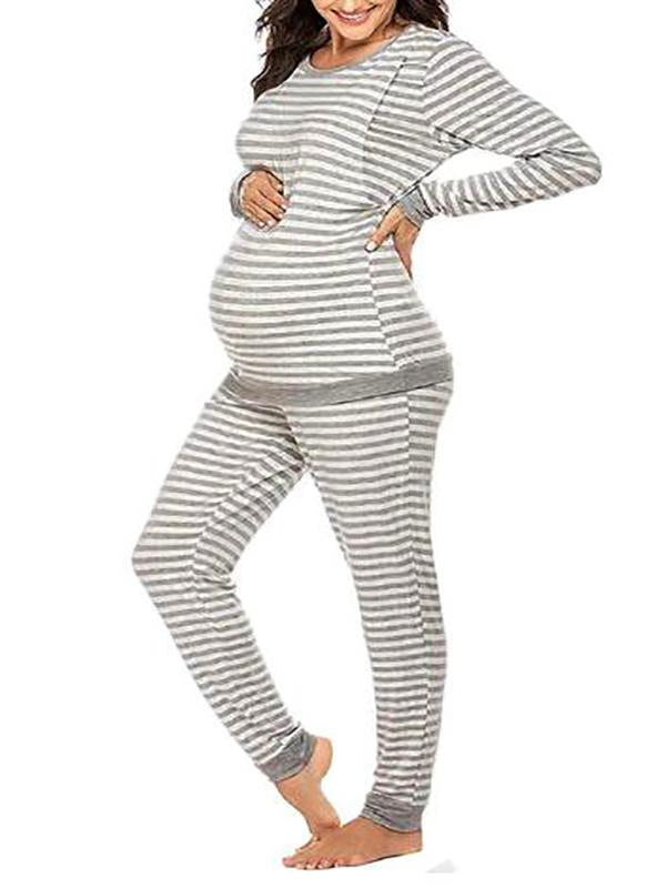 Striped Round Neck Long Sleeve Nursing Maternity Long Pajama Set