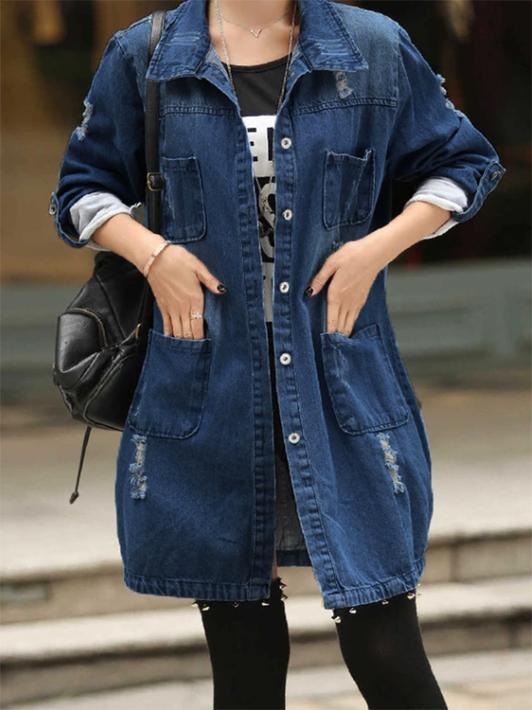 Seindeal Denim Jacket Jackets Pockets Long Casual Boyfreind Women Denim Coat